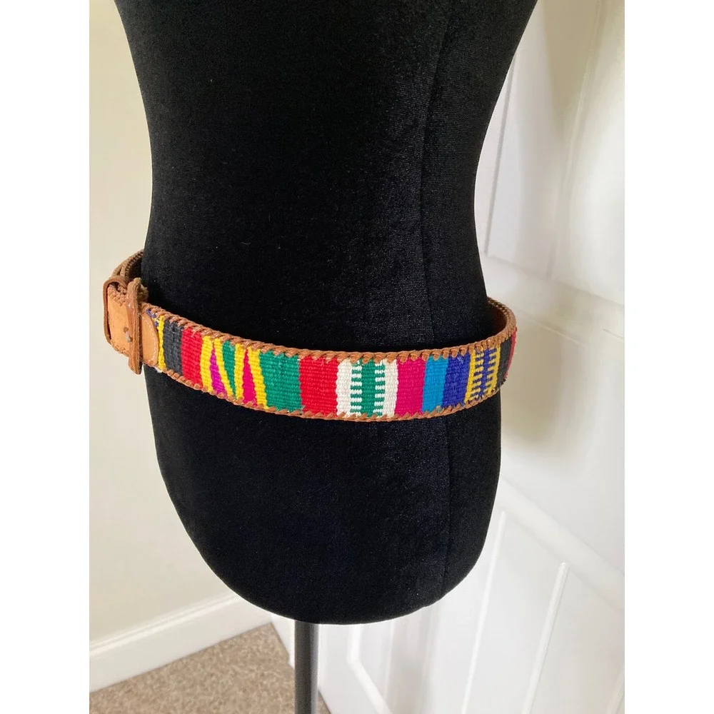 Vintage Guatemalan Woven‎ Leather Belt Tan Multi Color Boho Southwestern Size 34